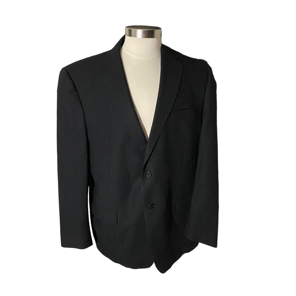 DKNY Black & Cream Pinstriped Worsted Wool 2-Button Suit Jacket Sports Coat 46R